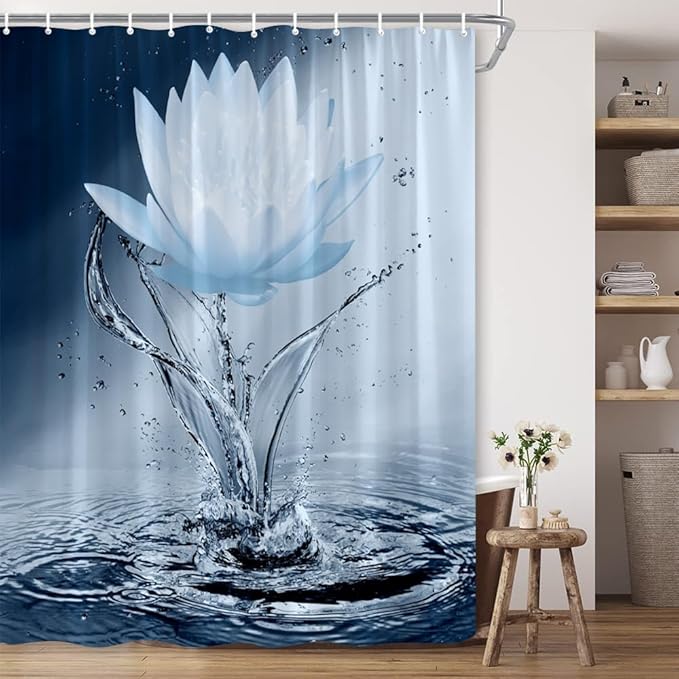 Lotus Shower Curtain Blue Flower Elegant Blooming Floral with Dew Spring Flower Reflection on Water Modern Romantic Polyester Fabric Bathroom Decor 70×70 Inch with Hook