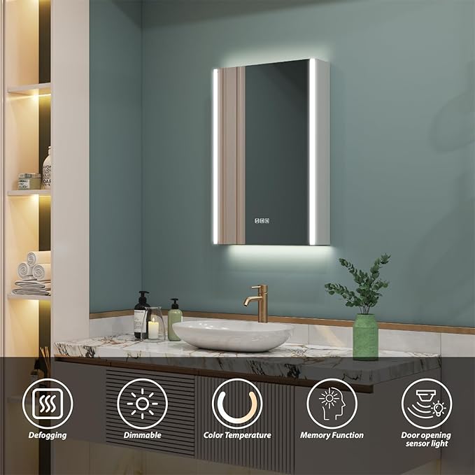 WELLFOR 20" x 30" LED Mirrored Bathroom Cabinet, Mirror Medicine Cabinet with Lights, Defogging LED Mirror Cabinet with Outlets & USB Ports, Surface Mounted, Left Opening Door, Hardwired Connected