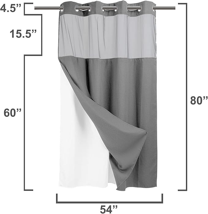 River Dream Heavyweight No Hooks Required Dotted Waffle Weave Shower Curtain with Snap in Liner -Stall 54W x 80H,Hotel Grade,Spa Like Bath Curtain,Gray