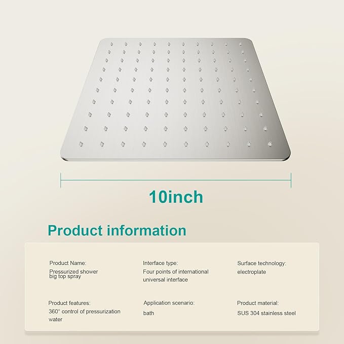 Square Rain Shower Head, High Flow Stainless Steel,Work with any decorative style，All Metal Rainfall Shower Head (Brushed Nickel, 10)