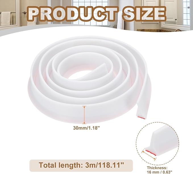 PATIKIL 118 Inch Collapsible Shower Threshold Water Dam Guard, Shower Stopper Barrier Self Adhesive Sink Splash Guards for Frameless Shower Door Bottom, White (1.2"Wx0.6"T)