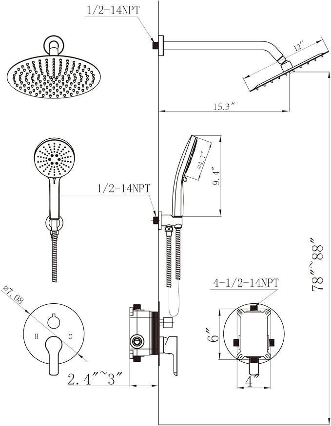Shower Faucet Set 12IN Brass Rough-In Valve Body Trim Kit Rainfall Included Handle Accessories Complete 2 Functions with Rain Head and Handheld Bathroom Systems (12'', Matte Black)