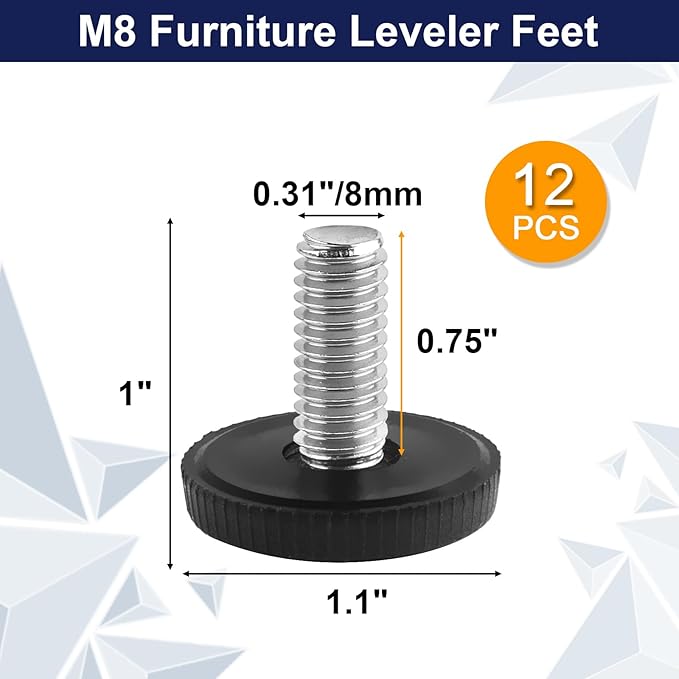 M8 Thread Levelers, 12 PCS Adjustable Furniture Feet, Screw in Leveling Feet for Table, Cabinets, Chairs, Stool Legs