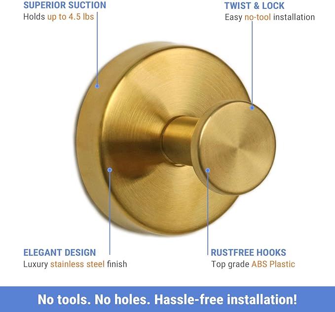 Suction Cup Hooks for Shower, Heavy Duty Wreaths Hangers for Glass Door Window, Towel Hook No Drill Holder on Smooth Wall, Mirror, Tile for Home (4Pcs Gold)