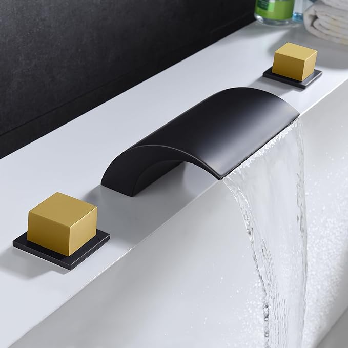 SUMERAIN Roman Bathtub Faucet 3 Hole Deck Mount High Flow Waterfall Tub Filler Black and Gold Finish