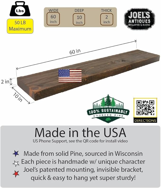 joelsantiques 72 Inch Wooden Floating Shelves for Wall - 72x10x2 in - Made of Natural Wood - Long Heavy Duty Rustic Wall Shelves for Bedroom - Perfect for Living Room, Kitchen - Medium Brown