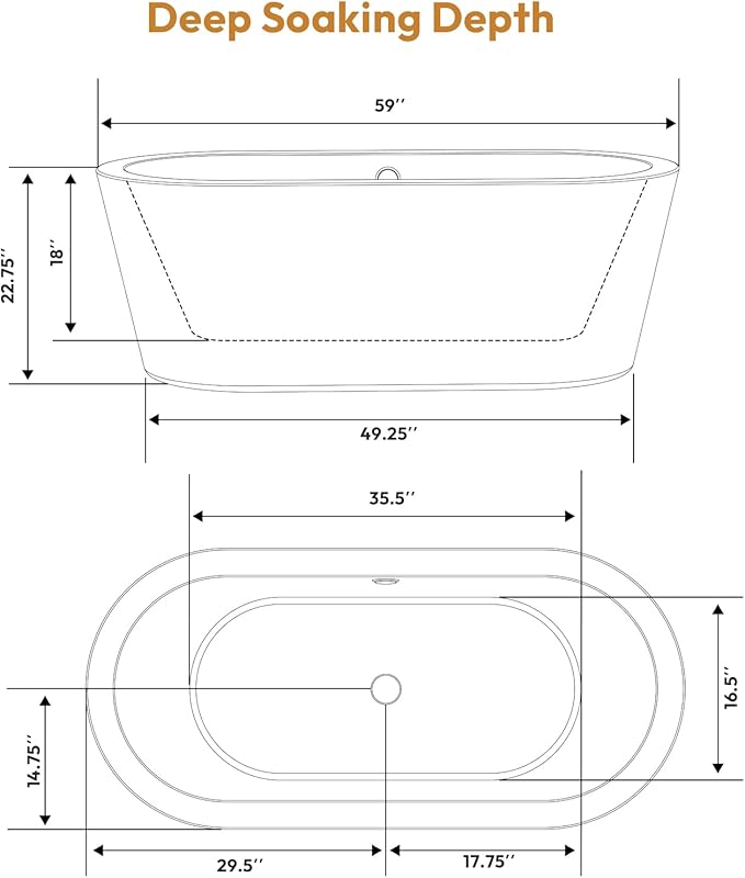 Empava 59"Freestanding Bathtub, Luxury Acrylic Soaking Tub with Drain and Overflow, Modern Stand Alone Design, Glossy White,cUPC Certified
