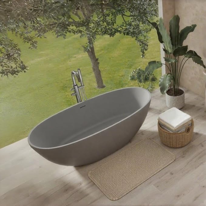 Abruzzo 65" Freestanding Solid Surface Bathtub - Stone Resin Soaking Tub with Overflow & Pop-Up Drain, cUPC Certified Matte Grey, 69 Gallon Capacity Deep Soak Tub for Modern Bathrooms