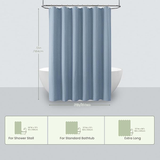 Inhousolu Fabric Shower Curtain Waffle Weave, Fog Blue 230 GSM Heavy Duty, Weighted Hem, 14 Metal Hooks, Water Repellent, Machine Washable, Hotel Spa Luxury Bath Curtain Set, 72 x 72 Inch