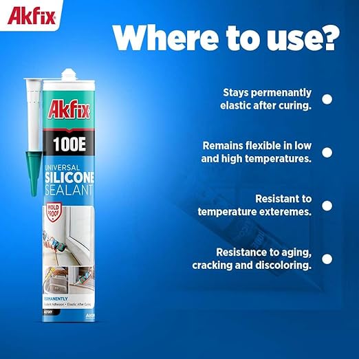 Akfix 100E RTV White Silicone Caulk (24x10.1 fl.oz.) - 100% Waterproof Silicone Sealant for Kitchen and Bathroom, Shower, Toilet, Sink, Window and Door, No Yellowing | White, 24 Pack