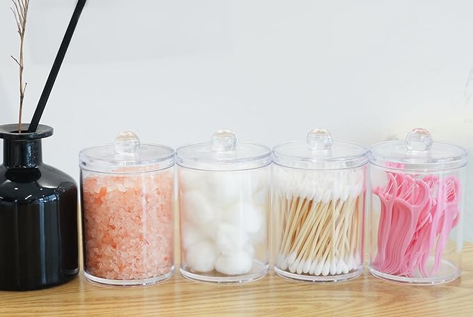 4 Pack Acrylic Qtip Holder Dispenser,Bathroom Canisters Apothecary Jar Set, Vanity Makeup Storage Organizer Set,10 oz