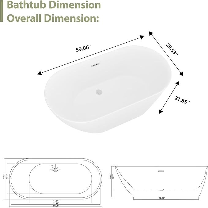 Mocoloo 59" Acrylic Freestanding Bathtub Contemporary Soaking White Bath Tub with Gold Overflow and Drain