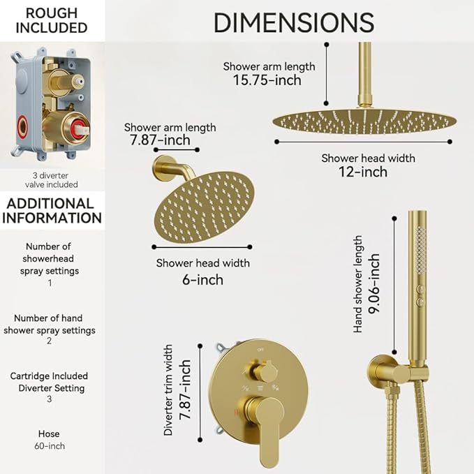 Shower Systems Shower Faucet Sets STARBATH 3 Way 12+6" Round Dual Rainfall Shower Head with Handheld Spray Combo, Ceiling Mounted Rain Shower Valve with 5 Diverter and Trim Kit Complete, Brushed Gold
