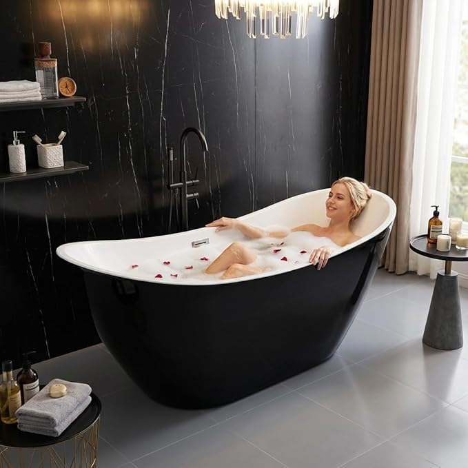Bathtub with Upturned Ends, CUPC Chrome Drain and Overflow, White Interior and Black Exterior, Built-in Overflow, Fiber-Coated Fixing Bracket