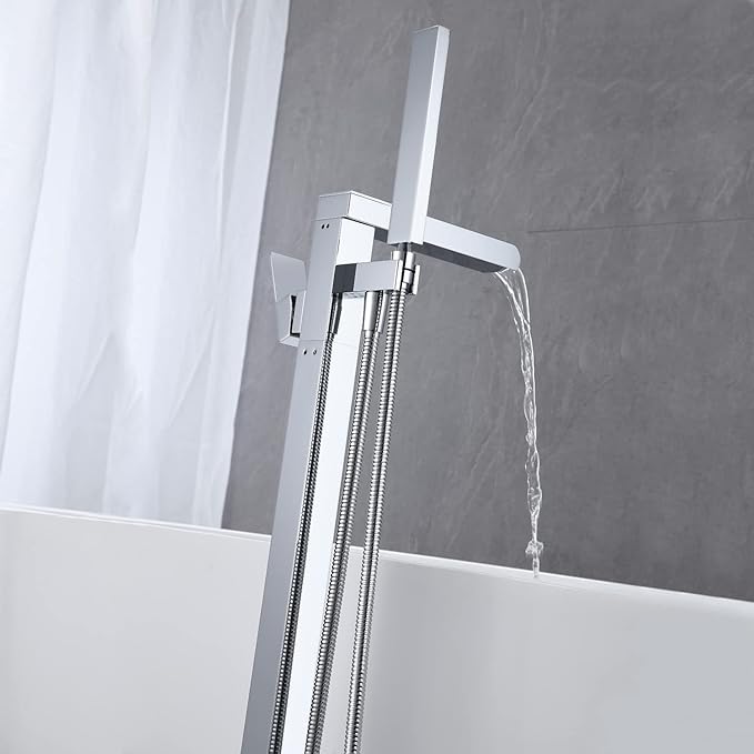 Freestanding Tub Filler Waterfall Bathtub Faucet Chrome Floor Mount Brass Single Handle Bathroom Faucets with Hand Shower