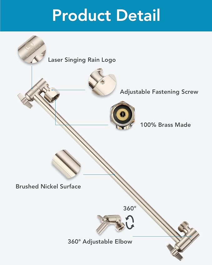 15 Inch Extra Long Adjustable Shower Head Extension Arm With Locking Set Screw, Singing Rain Brass Angle Height Adjustable, Easy To Install, G1/2 Universal Connector Compatible (Nickel Brushed)
