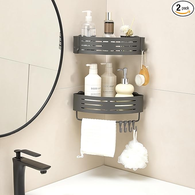 Suction Cup Shower Caddy Corner, Shower Storage Rack With Large Capacity, No Drilling Suction Shelves Space-Saving Shower Organizer with Towel Bar Hooks for Bathroom & Home Decor(2pcs, Gray)