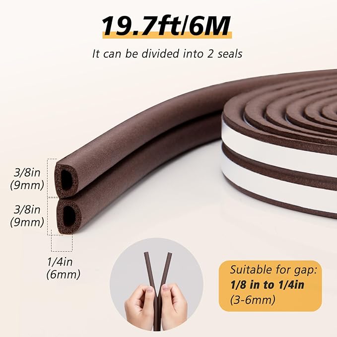 SUNMON Door Seal D-Type Strip Weather Stripping Self Adhesive Foam for Doors and Windows, Soundproofing Weatherstrip Gap Collision Avoidance (Brown)