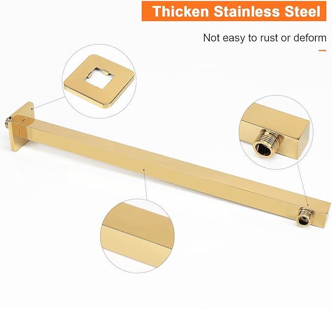 HarJue Shower Arm, Rain Shower Head Extension Extender, With Flange and Teflon Tape, Made of Thicken Stainless Steel for Bathroom Rainfall Shower (20 Inch, Chrome Gold）