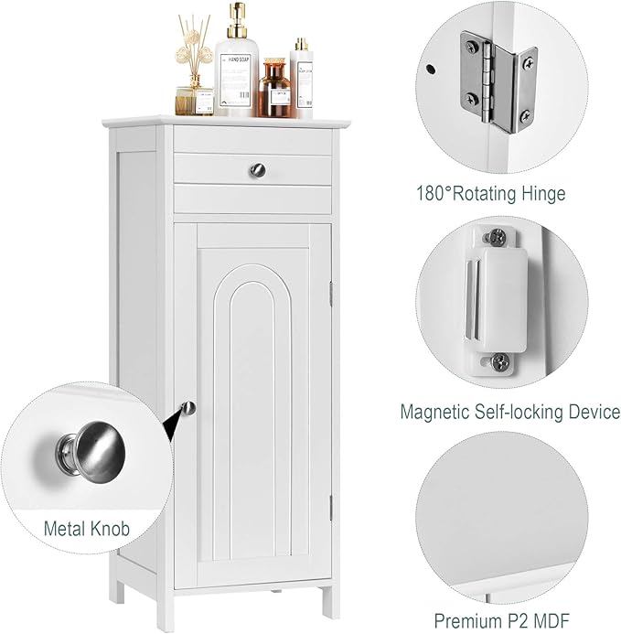 DORTALA Bathroom Floor Cabinet, Free-Standing Wooden Floor Storage Cabinet w/Large Drawer & 2 Adjustable Shelves, Morden Side Storage Bathroom Organizer for Living Room, White