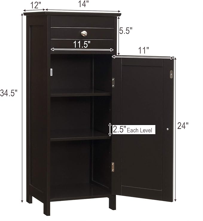 DORTALA Bathroom Floor Cabinet, Free-Standing Wooden Floor Storage Cabinet w/Large Drawer & 2 Adjustable Shelves, Morden Side Storage Bathroom Organizer Cabinet for Living Room, Brown