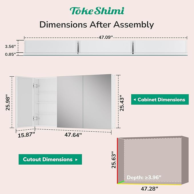 TokeShimi 48x26 Recessed Medicine Cabinet with Mirror Aluminum, Tempered Frameless Bathroom Mirror with Storage Adjustable, White Wall Mounted Medicine Cabinet for Bathroom Farmhouse
