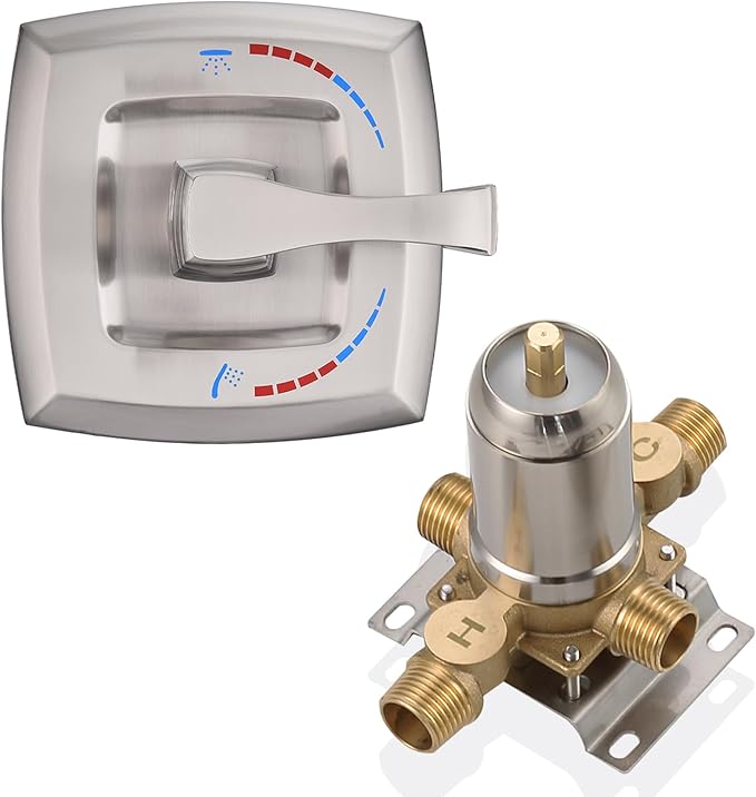 2 Way Shower Diverter Mixing Valve, Dual-Function Pressure Balance Shower Control Brass Rough-In Mixer 1/2" NPT Connection, Single Handle Brushed Nickel Shower Trim Kit