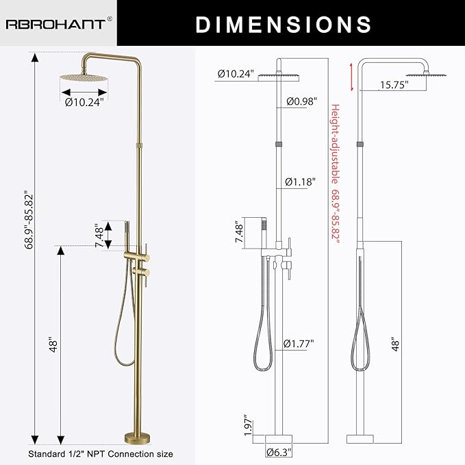 RBROHANT Freestanding Outdoor Shower Gold, Height Adjustable Stainless Steel Outdoor Showers for Backyard Garden Pool Beach, Stand Alone Outdoor Shower Hot and Cold Water, Brushed Gold, JK0456