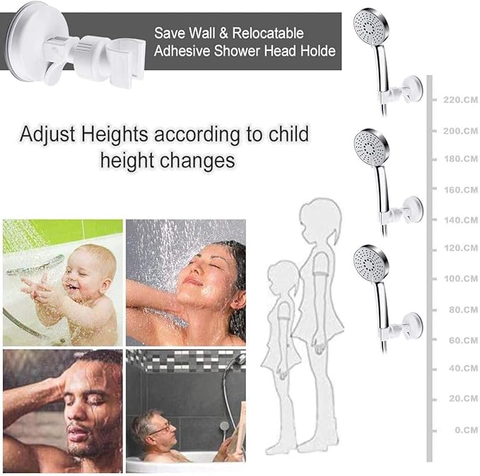 Suction Cup Shower Head Holder - Adjustable Height Bracket, Removable Handheld Wand, Wall Mounted