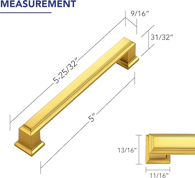 Ravinte Hardware 5 Pack Brushed Brass Cabinet Pulls, 5 Inch (128mm) Hole Center Zinc Alloy Drawer Handles for Kitchen Cabinets, Cupboards, Dressers, Square Solid Metal Hardware