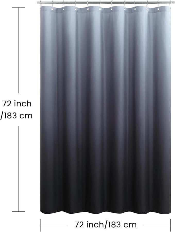 Fabric Shower Curtain, Black and Grey Ombre Shower Curtains for Bathroom, Modern Waterproof Bathroom Curtains, 72" W x 72" H