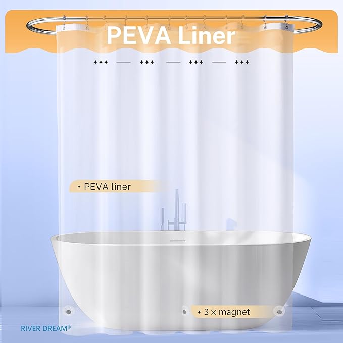 River Dream 3 in 1 Shower Curtain Set, Waffle Fabric Shower Curtain and Waterproof Clear Liner Set with Double Sided Metal Hooks, Navy Blue, 72" W*84" H