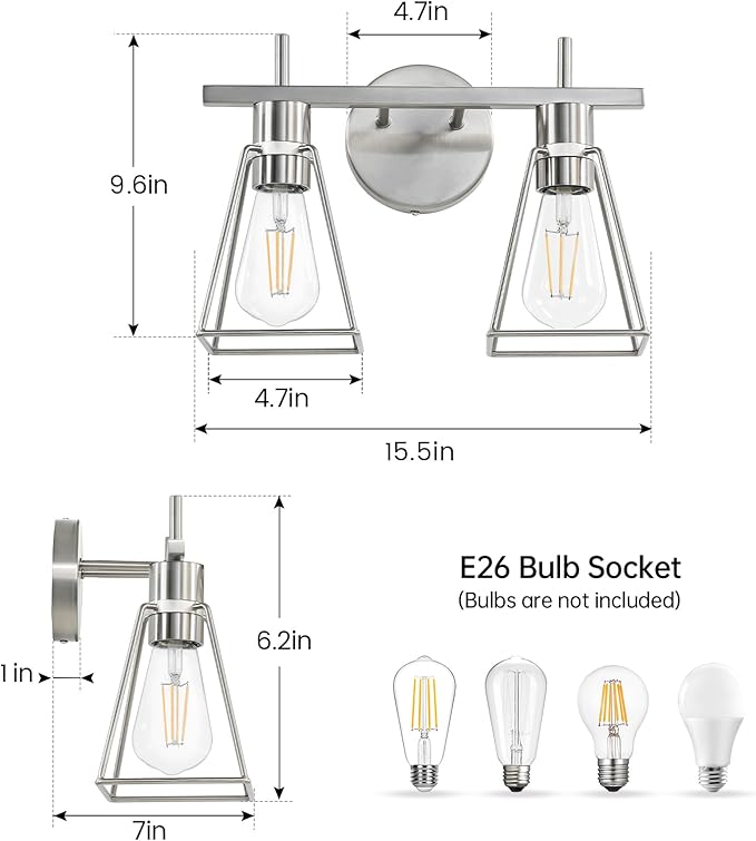 Industrial Bathroom Vanity Lights: 2 Light Silver Brushed Nickel Vintage Metal Cage Wall Lamps - Rustic Farmhouse Light Fixture Over Mirrors Cabinet for Home Hallway