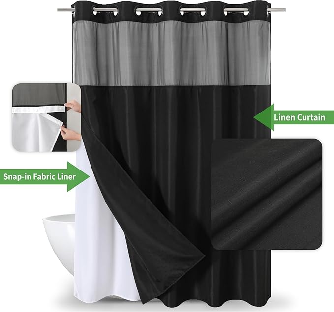 No Hooks Needed Linen Textured Shower Curtain with Snap-in Fabric Liner Set,Black Hotel Luxury Decor Shower Curtains for Bathroom with Mesh Top Window,Waterproof & Washable,71Wx74H
