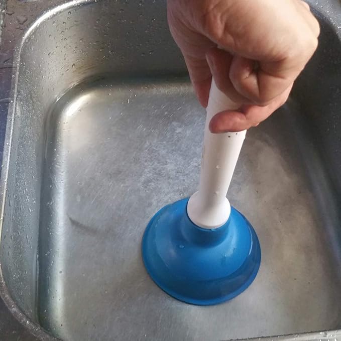 Coralpearl Drain Plunger, Small Hand Force Plumber Helper, Little 4 inch Cup Clog Remover, Tiny Rubber Unclogger in 9" Short Handle for Kitchen Sink, Bathroom Toilet, Shower Bath Tub (Blue)