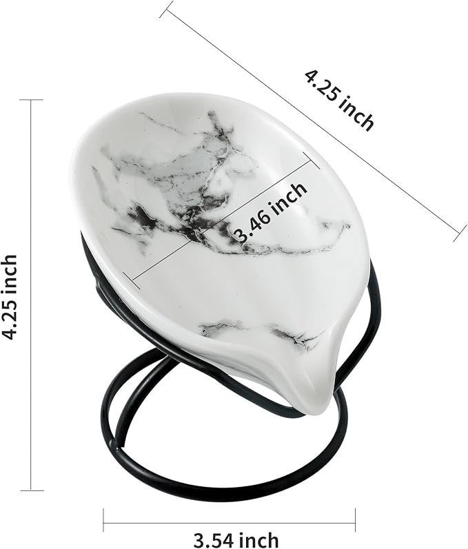 Leaf-Shaped Soap Dish – Premium Ceramic Soap Bar Holder with Self-Drainage System – Bar Soap Holder for Shower, Bathroom Sink, Kitchen – Waterfall Soap Dish with Stainless Steel Stand (Black)