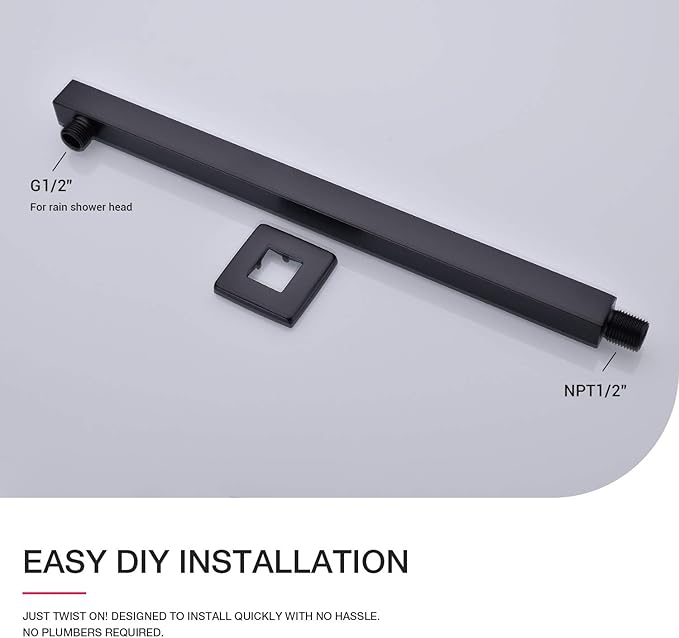 Matte Black Shower Arm with Flange 16 Inch Wall Mounted Extension Arm for Bathroom Rainfall Shower Head, Stainless Steel, Square Shaped