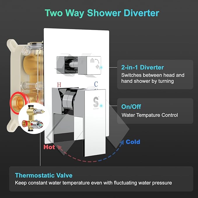 SR SUN RISE 10 Inch Square Shower Faucet, Adjustable 16-Inch Slide Bar Hand Held Shower with Hose, Square Rain Shower Head and Handheld Spray Included Valve and Shower Trim Kit, Polished Chrome