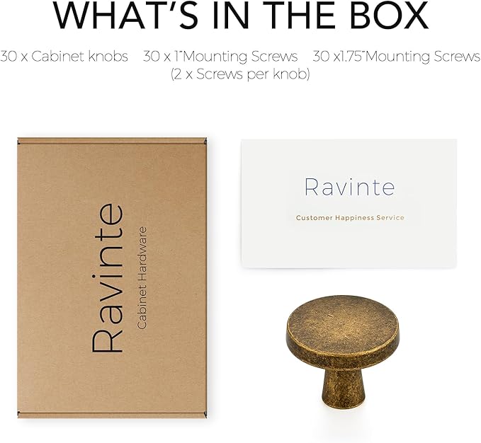 Ravinte 30 Pack Drawer Pulls 1-1/4 Inch Kitchen Cabinet Knobs Solid Round Dresser Drawer Knobs Antique Brass Dresser Knobs Drawer Knobs Simple Cabinet Hardware for Cupboard Drawer Pulls