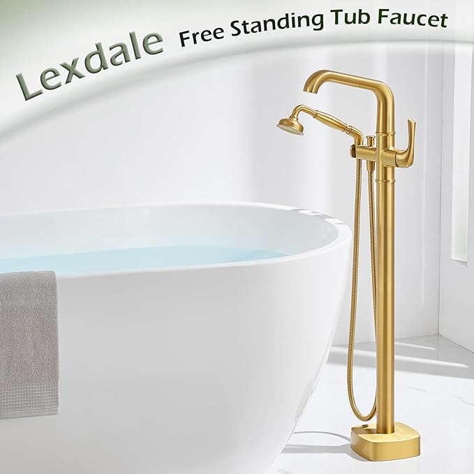 Luxury Free Standing Tub Faucet, Classic Brass Freestanding Bathtub Faucet, Lexdale Bathroom Floor Mount Tub Filler with handheld Sprayer Supply Lines Included Brushed Gold (LD8911-BG)