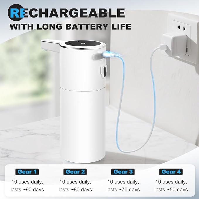 Automatic Soap Dispenser Liquid Touchless: 13.52oz/400ml Wall USB Rechargeable - 4-Level Adjustable Modern Electric Hand Soap Dispenser - Kitchen Bathroom Kids Family White