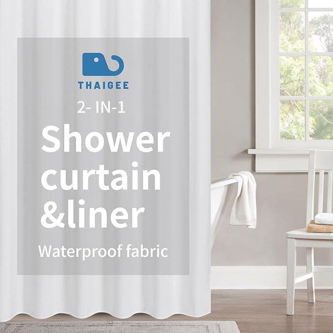 2-in-1 stall Fabric Shower Curtain or Liner,Breathable TPU & Washable,36Wx72H Narrow Linen Textured Bathroom Shower Curtain Set with 6 Plastic Hooks,Modern,36"x72",White
