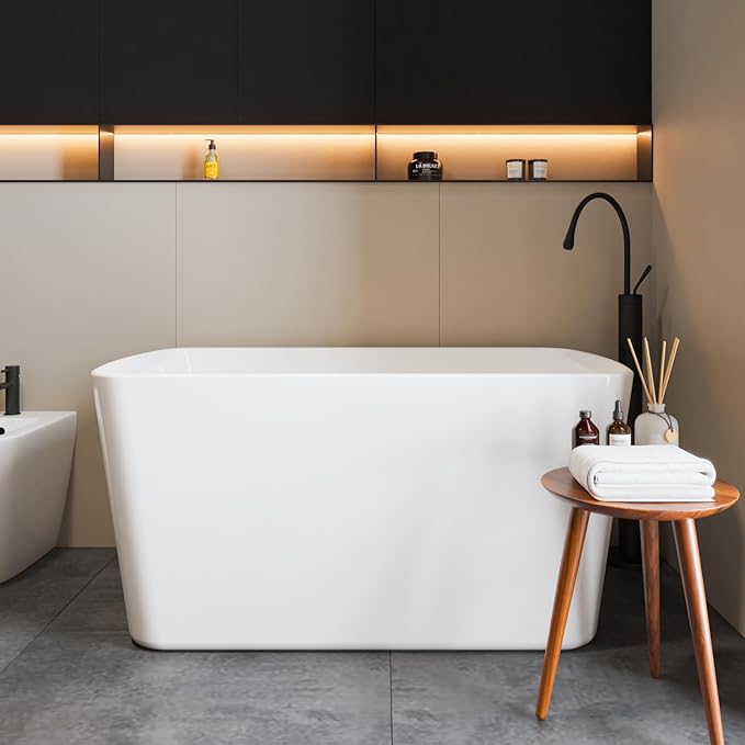 49" Acrylic Freestanding Bathtub, Modern Deep Soaking Tub, cUPC Certified Free Standing Tub, Chrome Drain/Overflow, White Acrylic, Square White