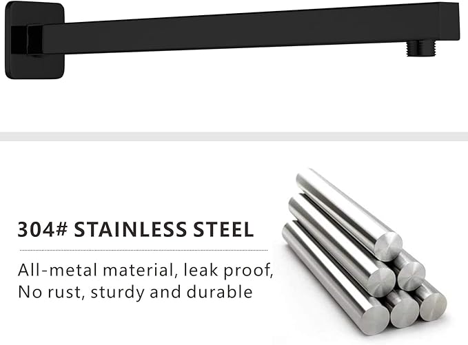 Voolan 20" Square Shower Arm with Flange and Teflon Tape, Extension Shower Head Arm for Bathroom Fixed Shower Head, Solid Stainless Steel, Wall Mounted (Matte Black)