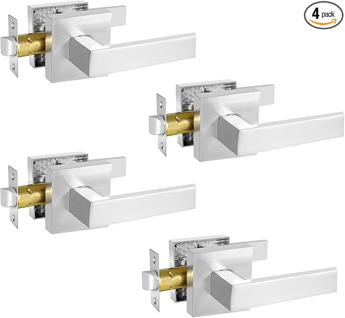 Passage Door Lever, Satin Nickel Interior Door Handles for Hallway and Closet, Heavy Duty Square Interior Keyless Door Handles Non-Locking Door Levers, 4 Pack