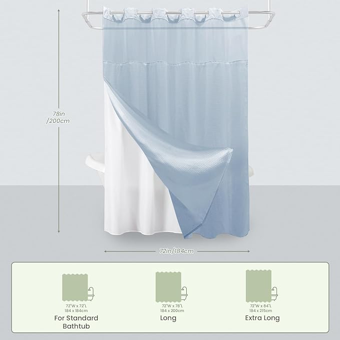 Inhousolu Long No Hook Shower Curtain with Snap in Fabric Liner Set Waffle Weave 230GSM Weighted Hem, Waterproof & Washable Bathroom Curtain Spa Luxury with Mesh Top Window 72" W x 78" L Fog Blue