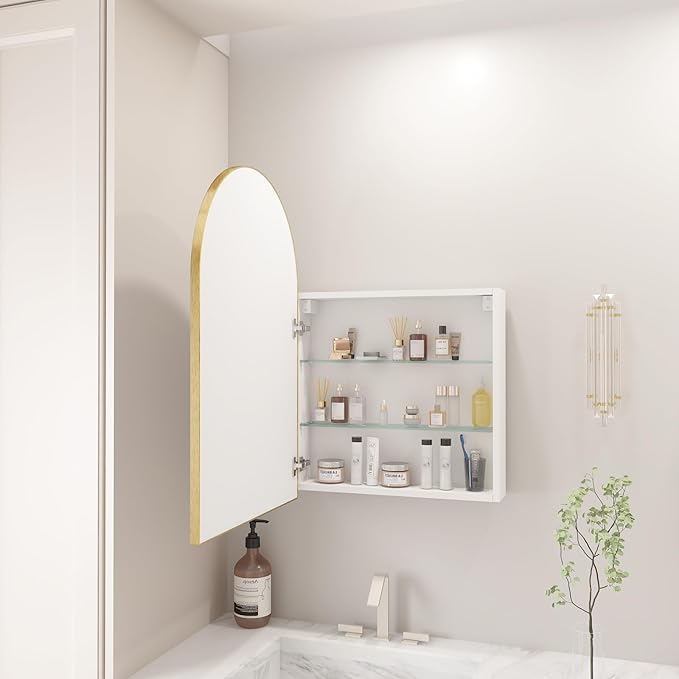 FKWin Gold Medicine Cabinet Mirror, Surface Mount Bathroom Storage Cabinet with Mirror for Left or Right Opening, not Recessed, Modern Vanity Bathroom Mirror with Storage, Gold, 20x30 inch