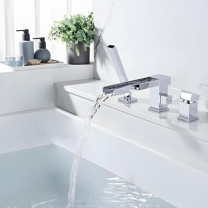 Waterfall Roman Tub Filler Faucet, Deck Mount Bathtub Filler with 360°Swivel Spout, 3 Holes Bathroom Tub Faucet with Sprayer, Chrome