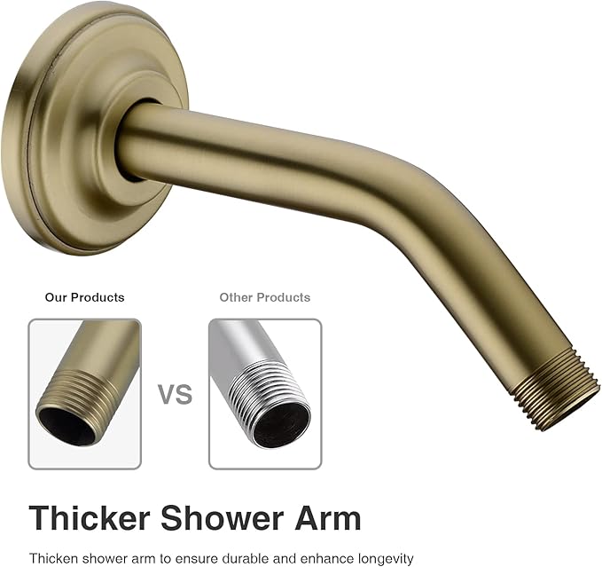6 Inch Brushed Gold Angled Shower Arm with Flange, Stainless Steel Curved Shower Head Pipe Wall Mounted Extension Shower Neck Rain Rod