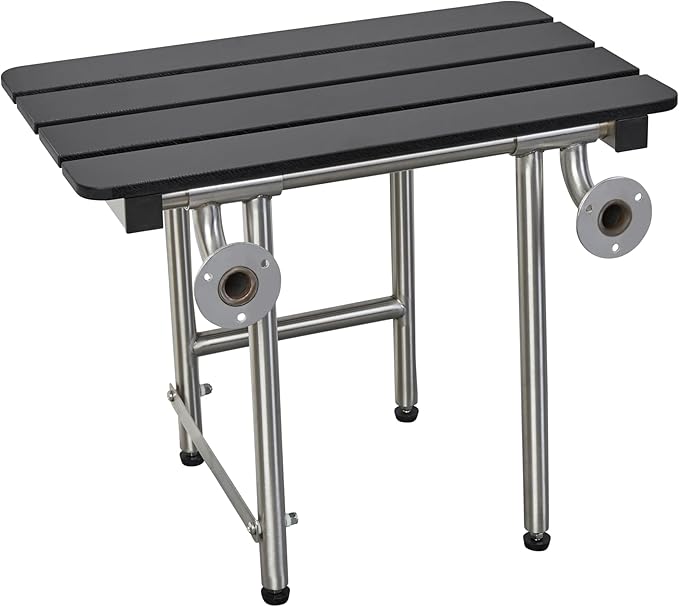 28-inch x 15-inch ADA Bariatric Folding Wall Mount Bathroom Shower Seat Bench with Legs, Black Slatted Phenolic Seat